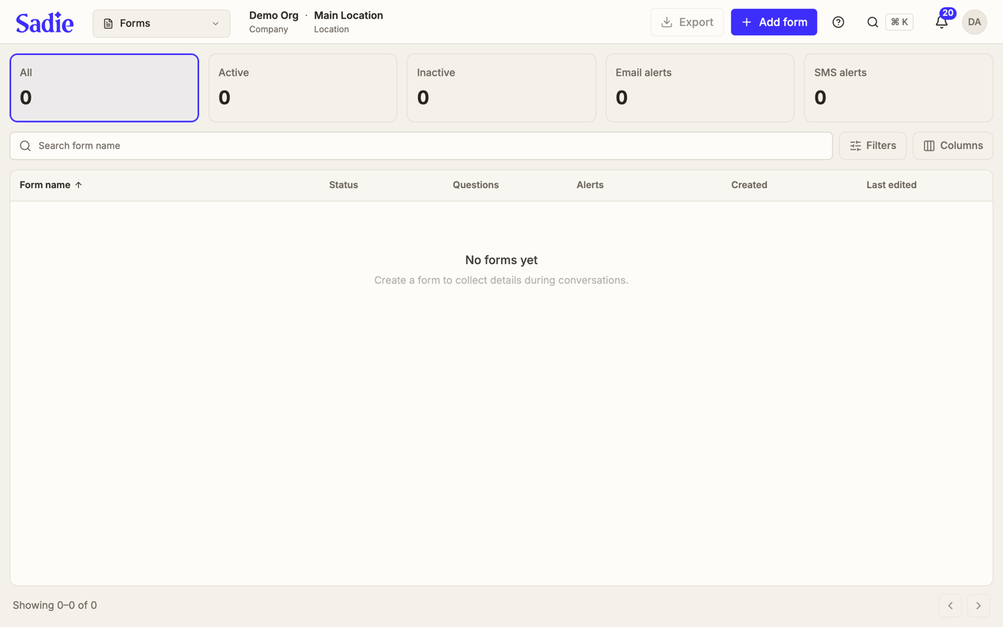 The Forms list with the stat row across the top and an empty state reading No forms yet