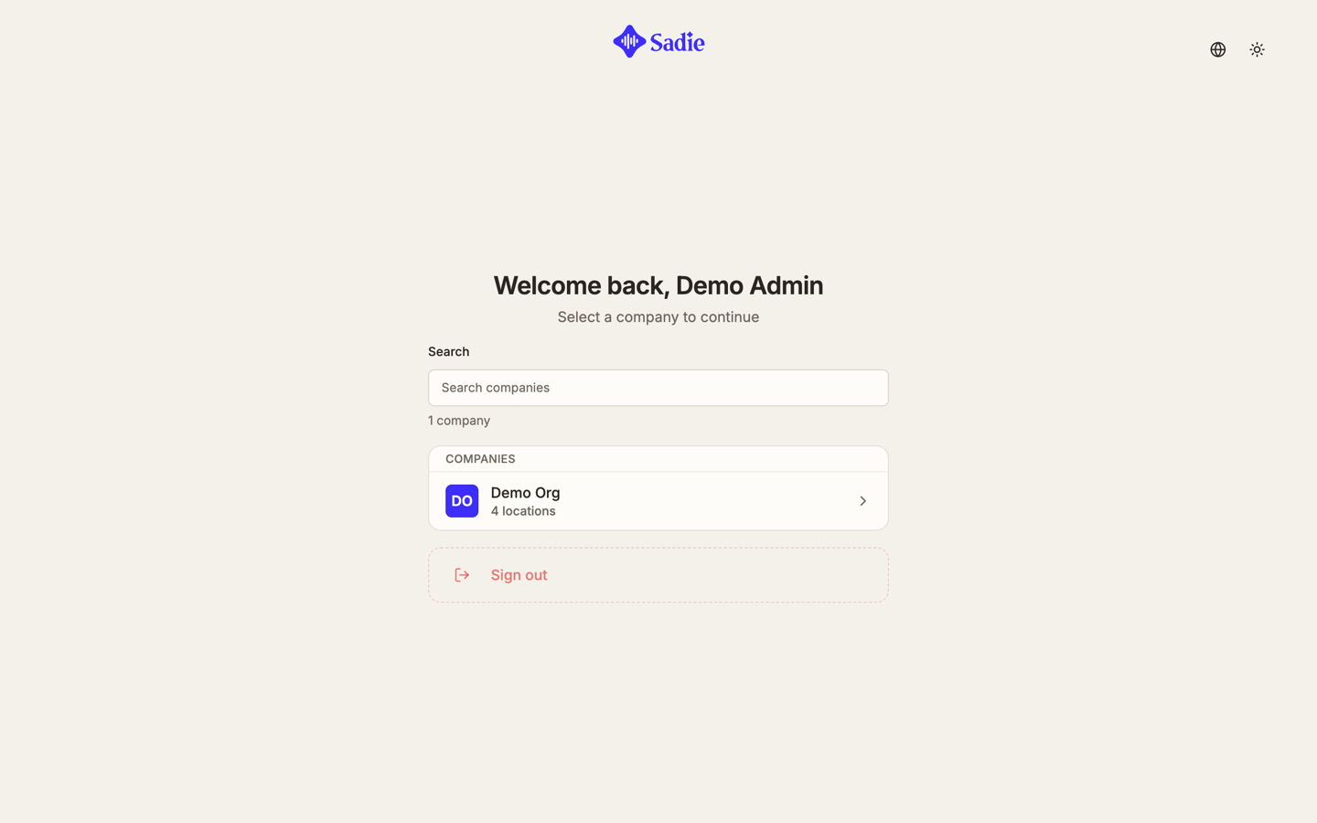 The company picker, showing one company card and a Sign out button