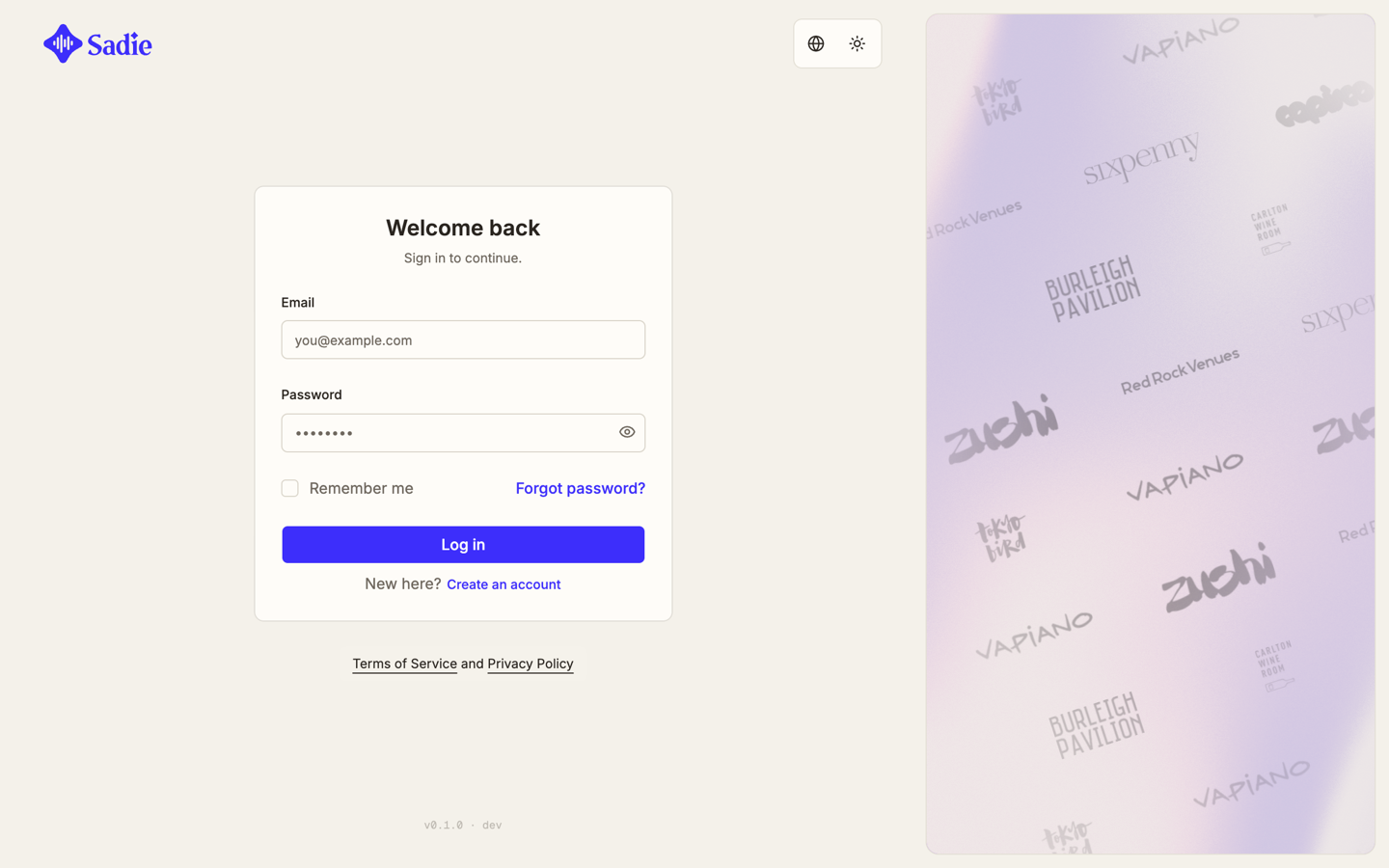 The sign-in card with email and password fields, Remember me, and the Log in button