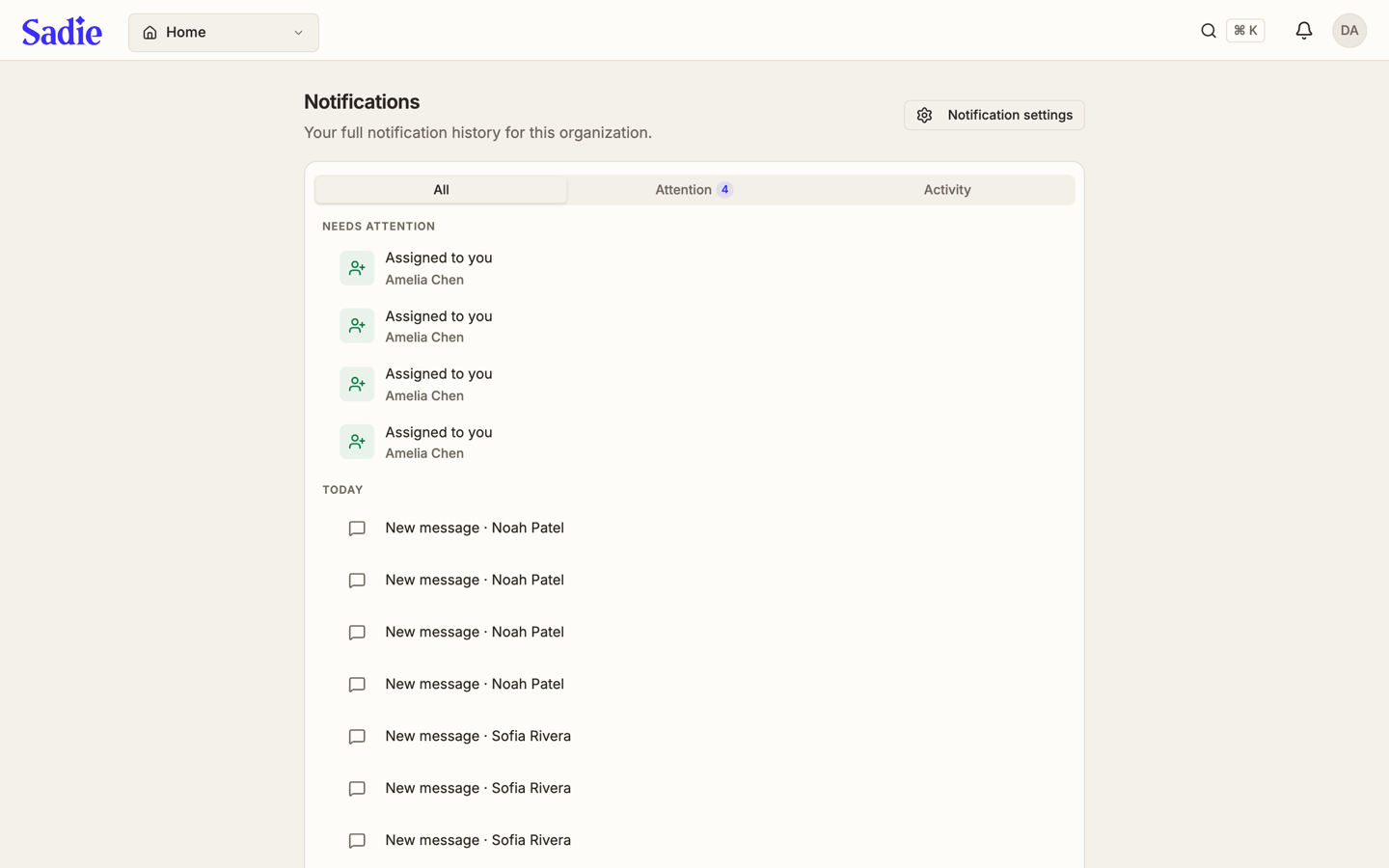 The Notifications page with the All tab selected, showing Needs attention and Today groups