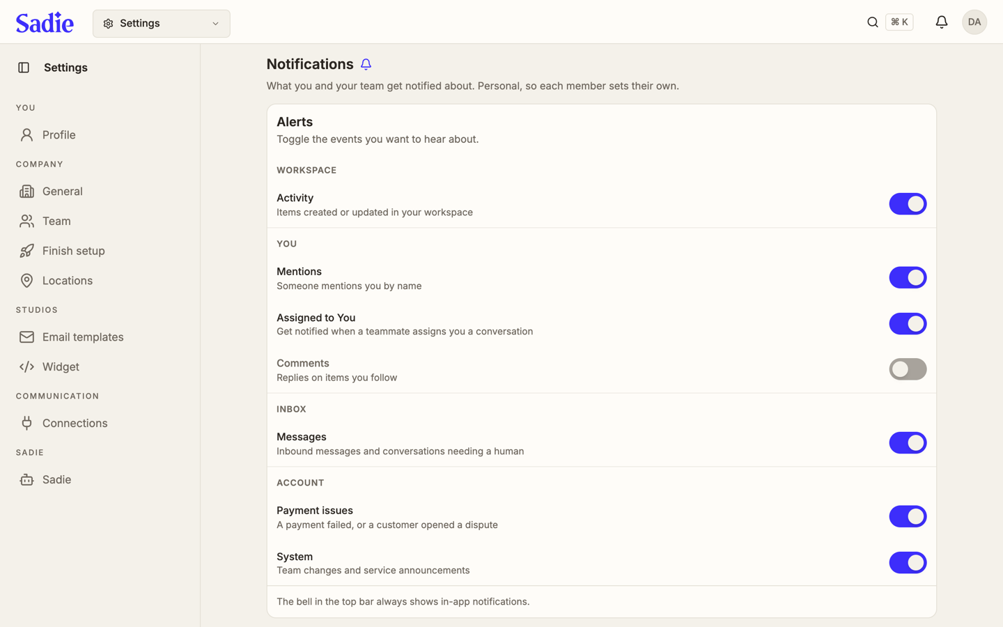 The Notifications settings page, showing the Alerts card with grouped switches for Activity, Mentions, Assigned to You, Comments, Messages, Payment issues, and System