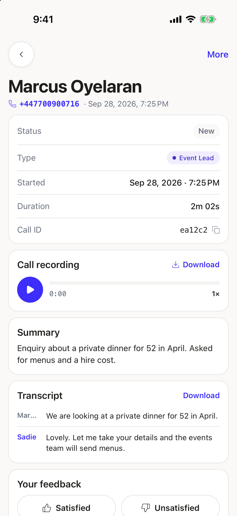 A call record with the caller's name as the heading and the call-back line, then Status, Type and Call recording