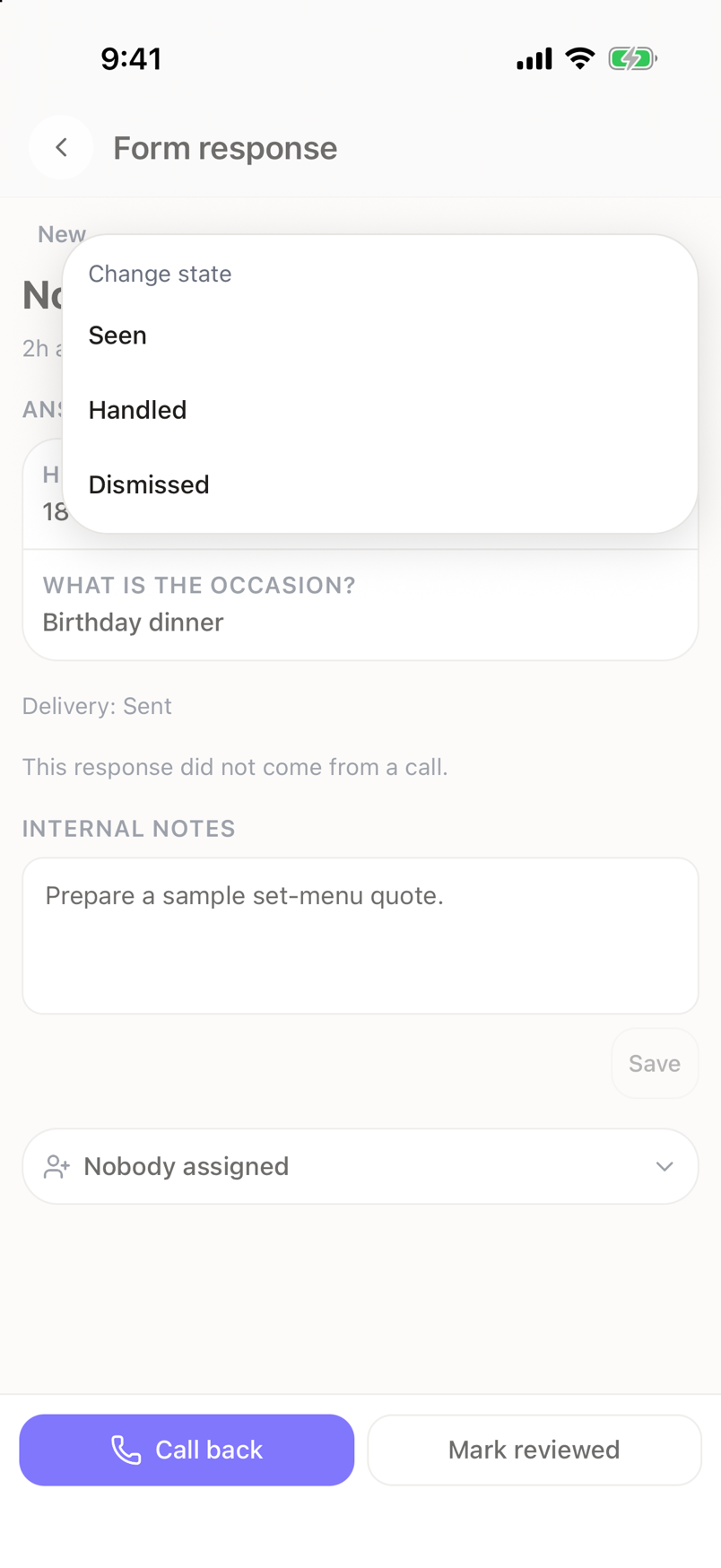The Change state panel over a form response, offering Seen, Handled and Dismissed