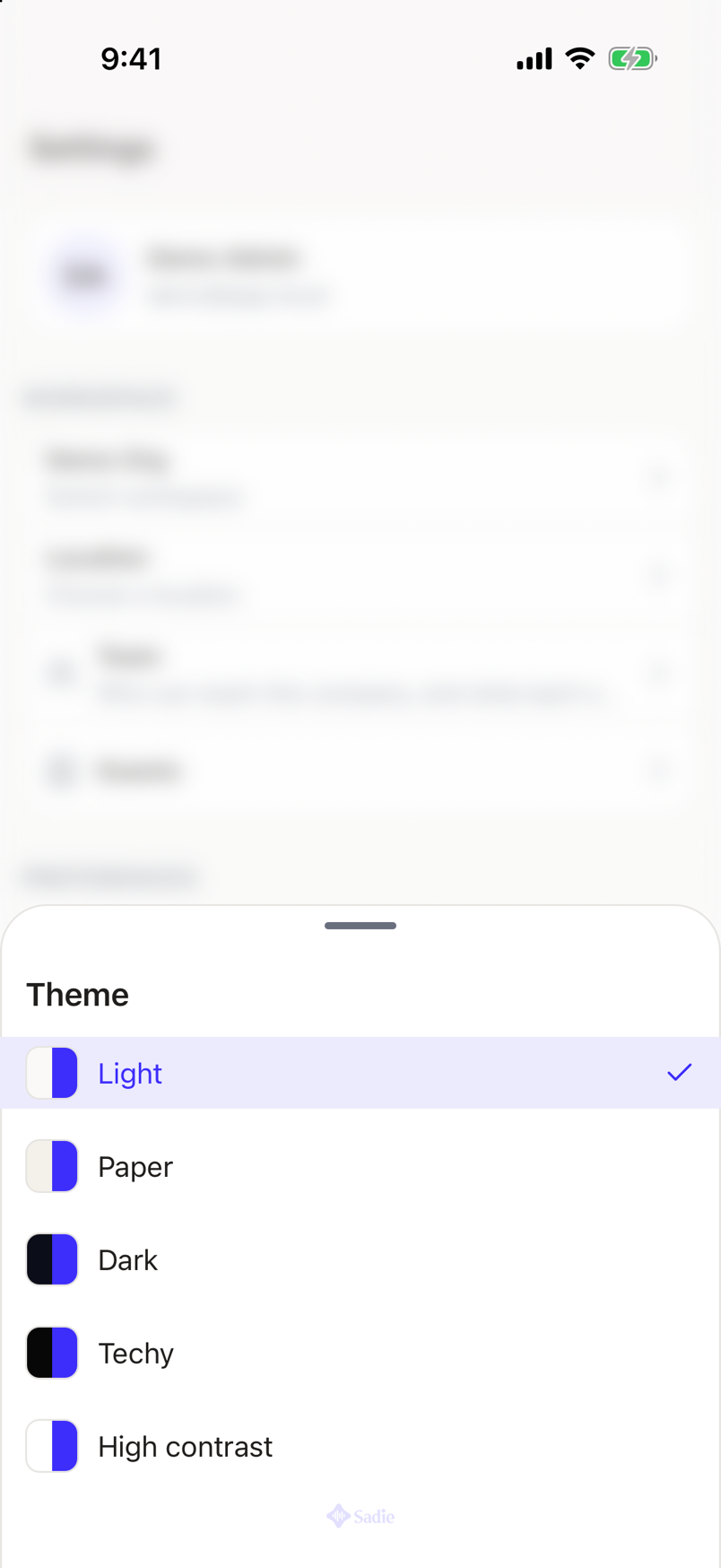 The Theme sheet listing Light, Paper, Dark, Techy and High contrast, with Light marked