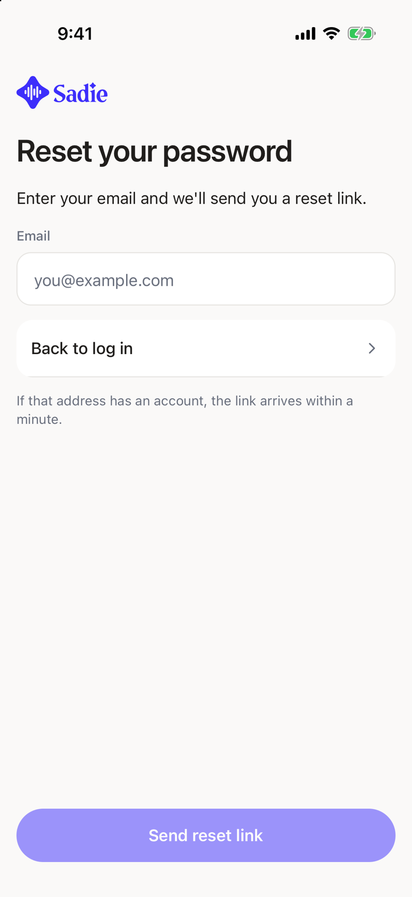 The Reset your password screen with the Email field, the small print about the link, and Send reset link