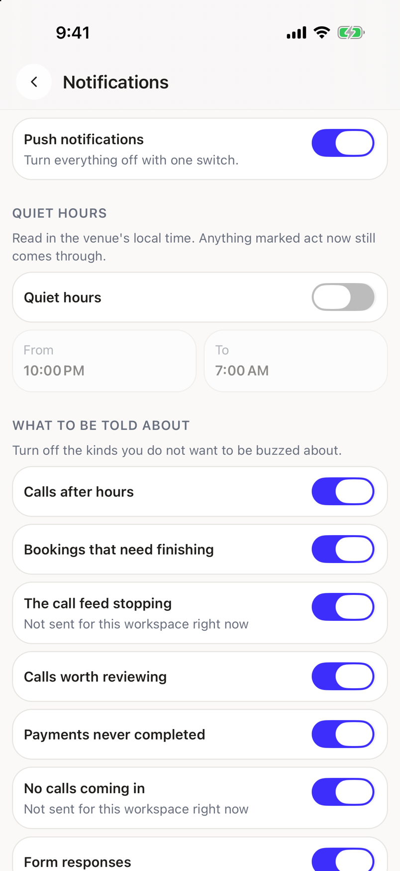 The Notifications screen with Push notifications on top, then Quiet hours, then What to be told about