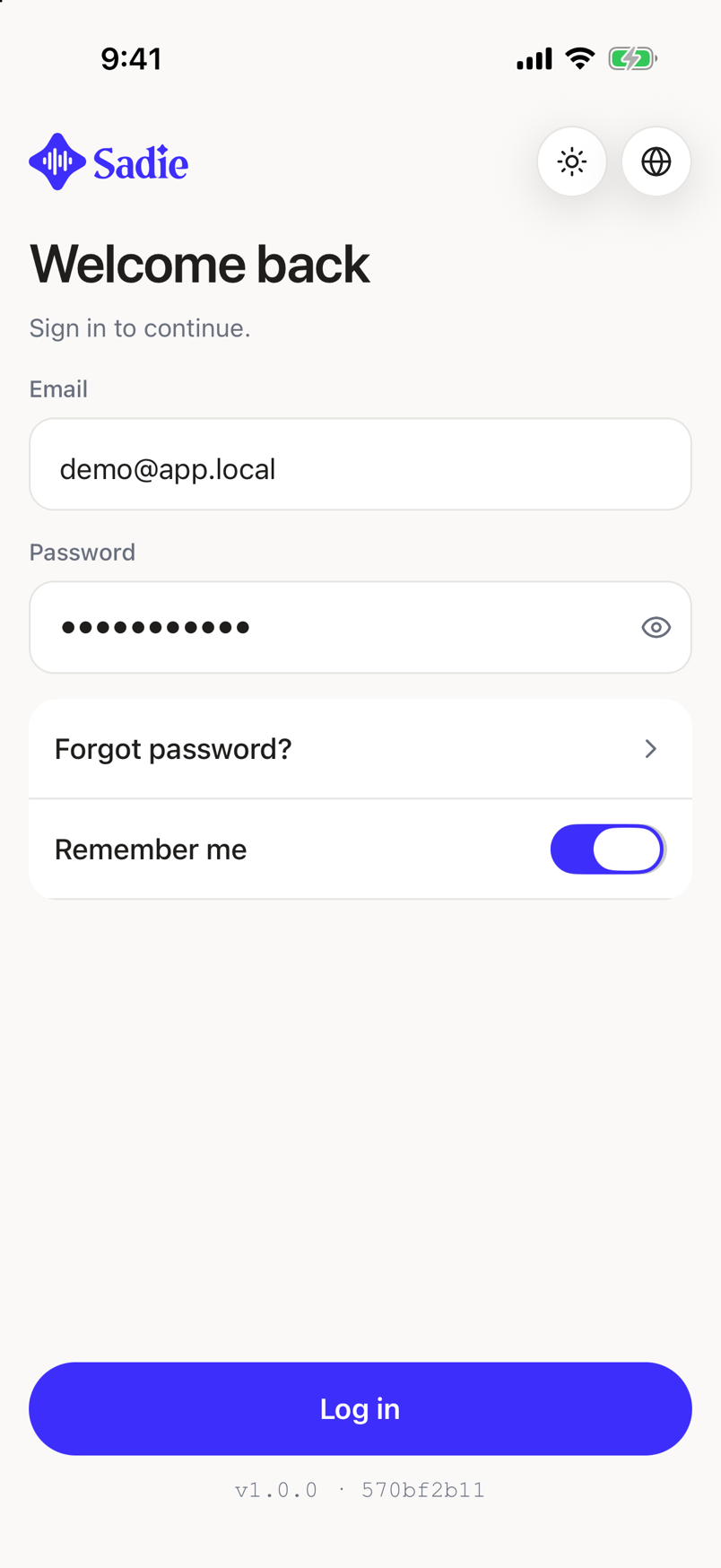 The sign-in screen with the Email and Password fields, Remember me switched on, and the Log in button