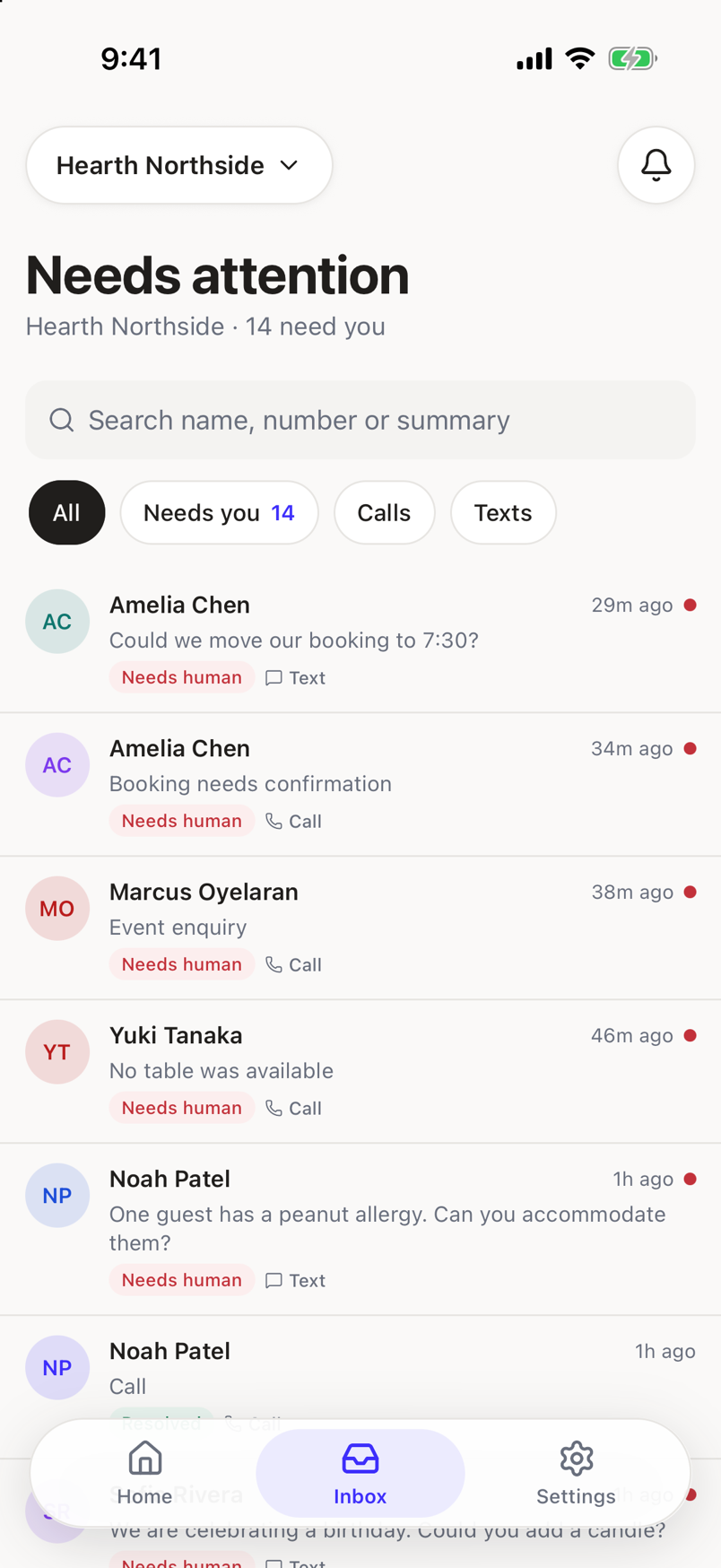 The Inbox headed Needs attention, with the search field, the All chip selected, and rows marked Needs human