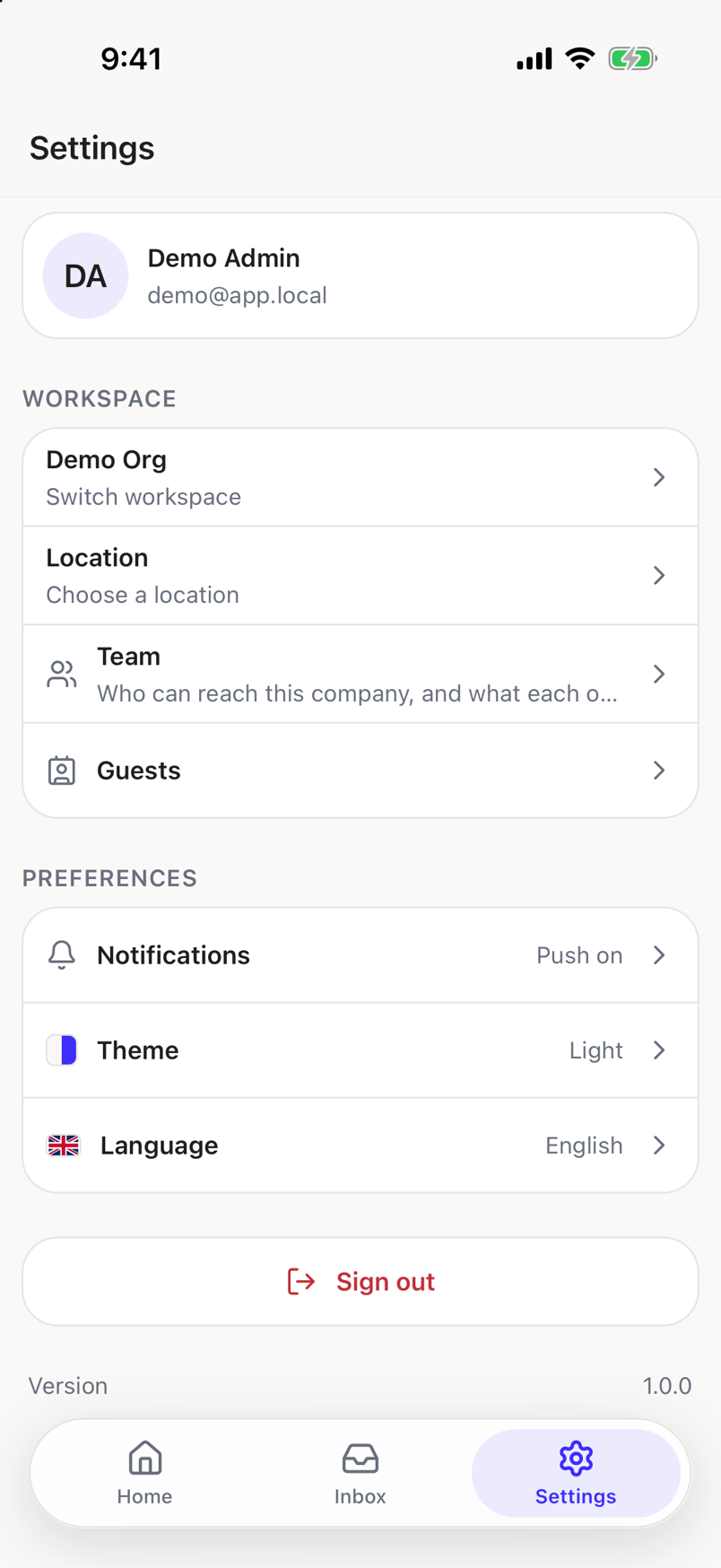 Settings with your name and email on top, then Workspace, Preferences and Sign out