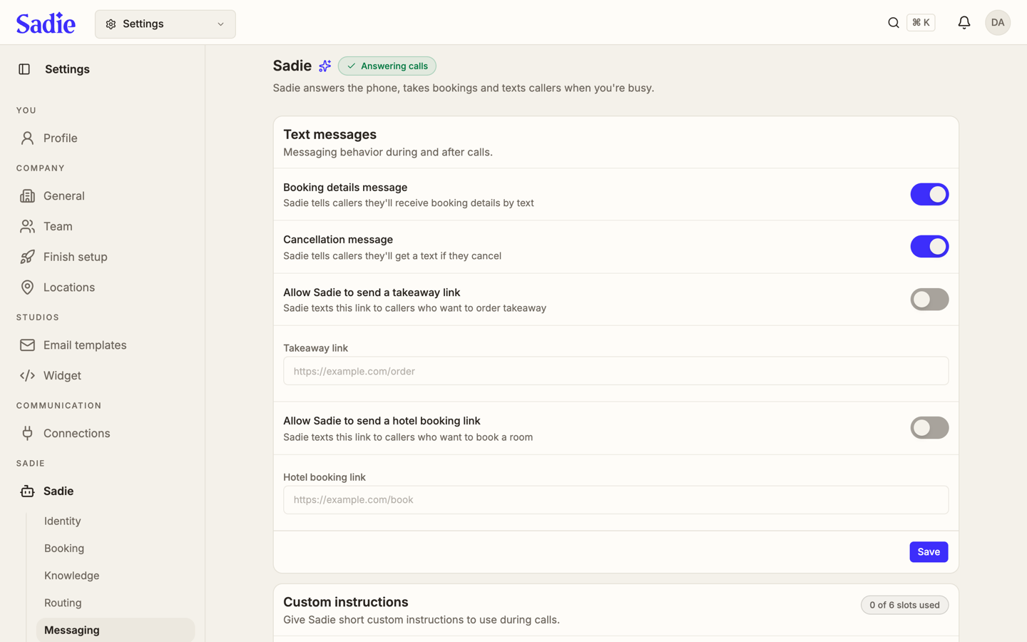 The SMS Reasons tab showing the Text messages card with the two link switches and their URL fields