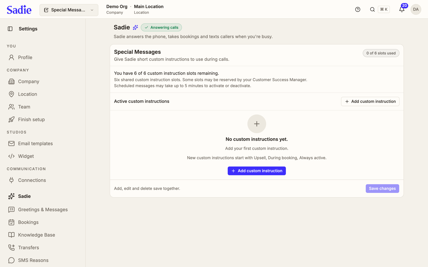 The Special Messages tab, showing 0 of 6 slots used and an empty state reading No custom instructions yet