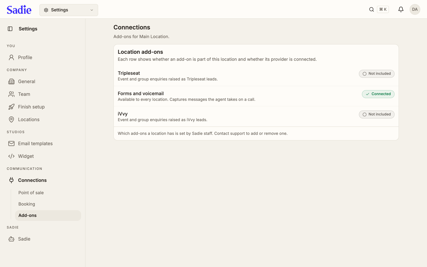 The Add-ons tab showing Tripleseat and iVvy as Not included, and Forms and voicemail as Connected
