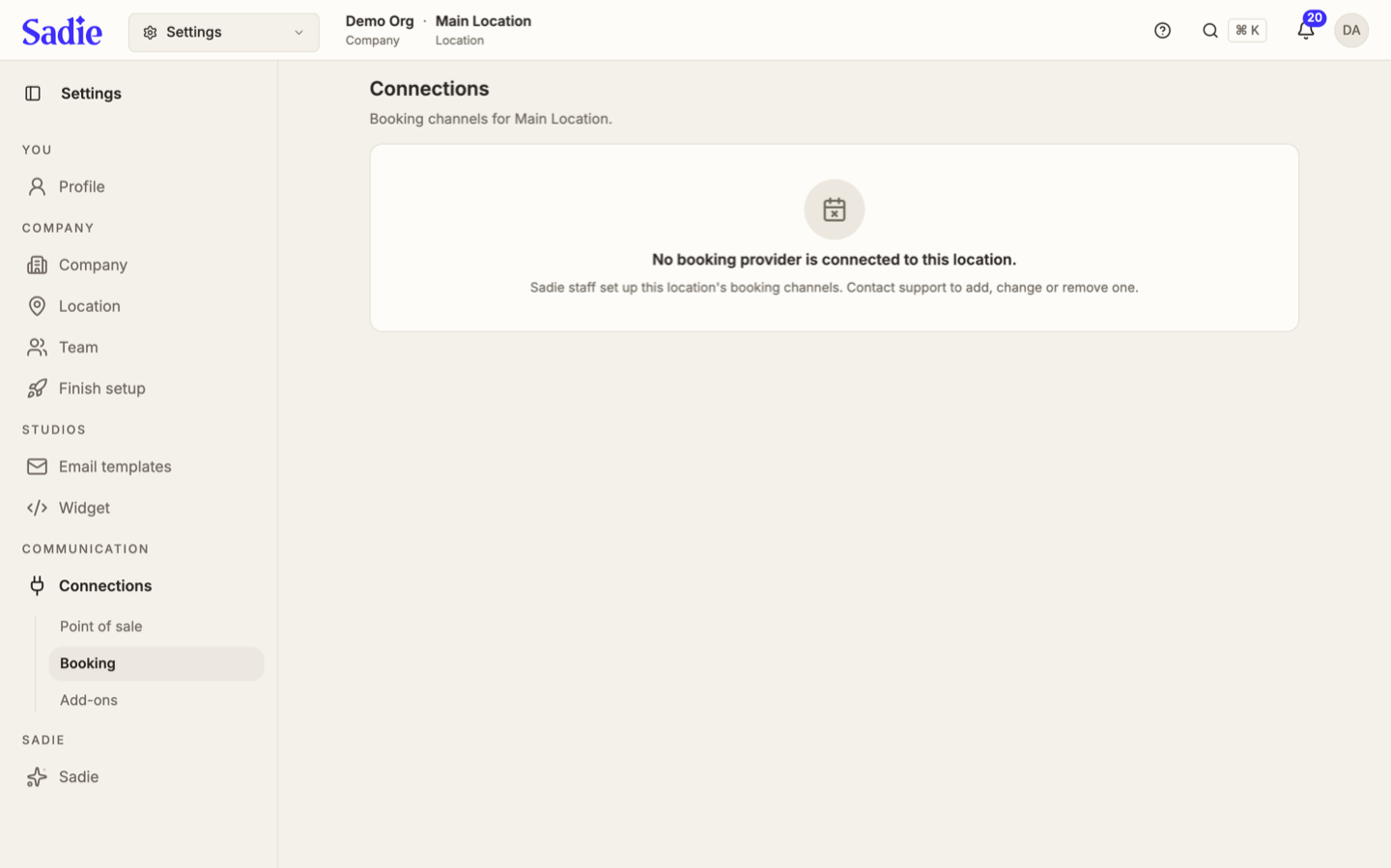 The Booking tab reading No booking provider is connected to this location, with a note that Sadie staff set up booking channels