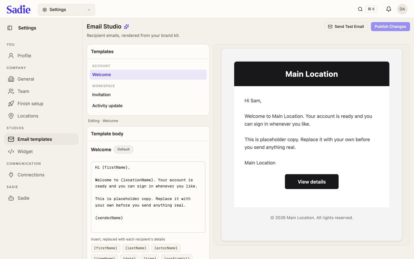 The Email Studio page, with the Templates list on the left, the Template body editor in the middle, and the live email preview on the right