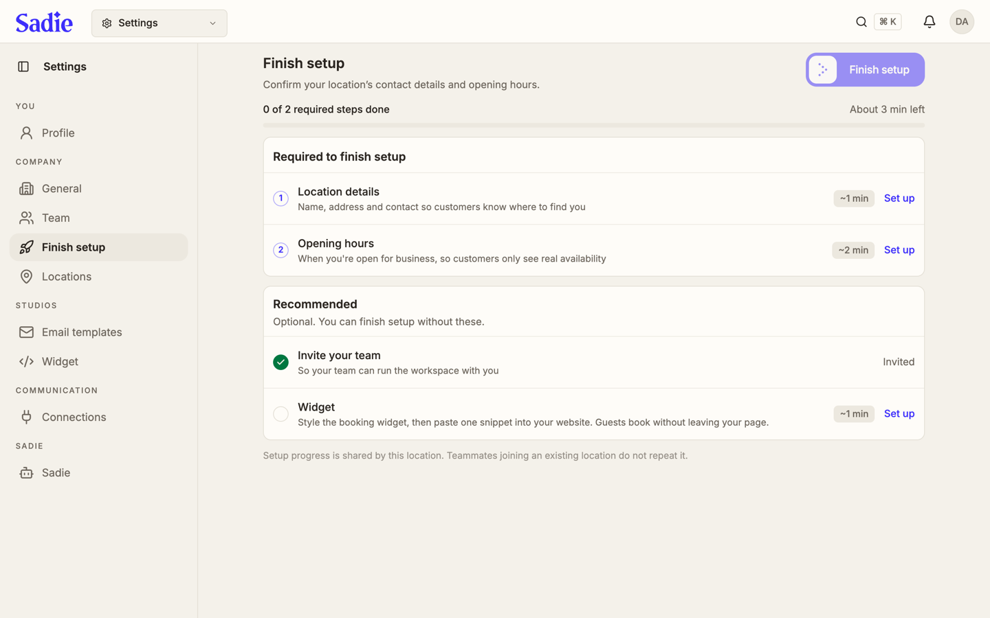 The Finish setup checklist, showing the required steps Location details and Opening hours, and the recommended steps Invite your team and Widget