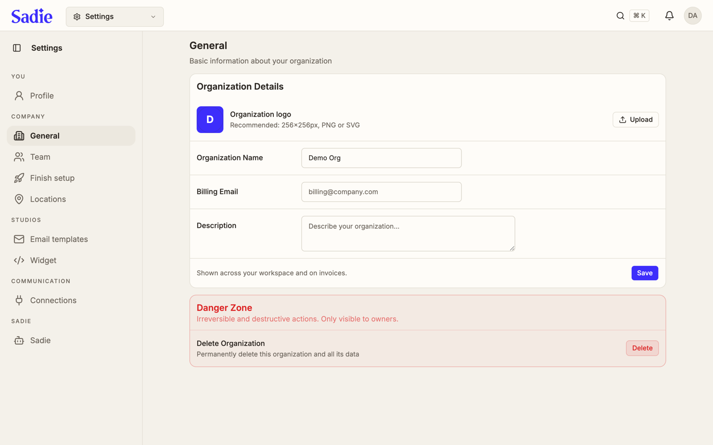 The Company settings page, with the Company card and the Danger Zone below it
