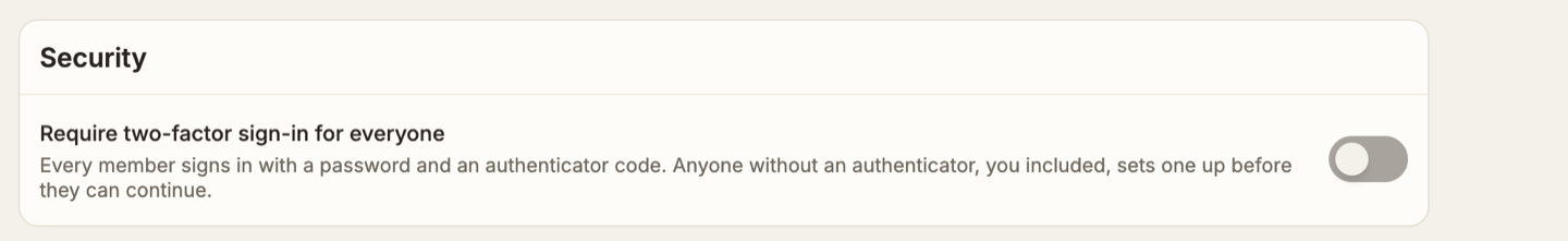 The Security card with Require two-factor sign-in for everyone, toggled off