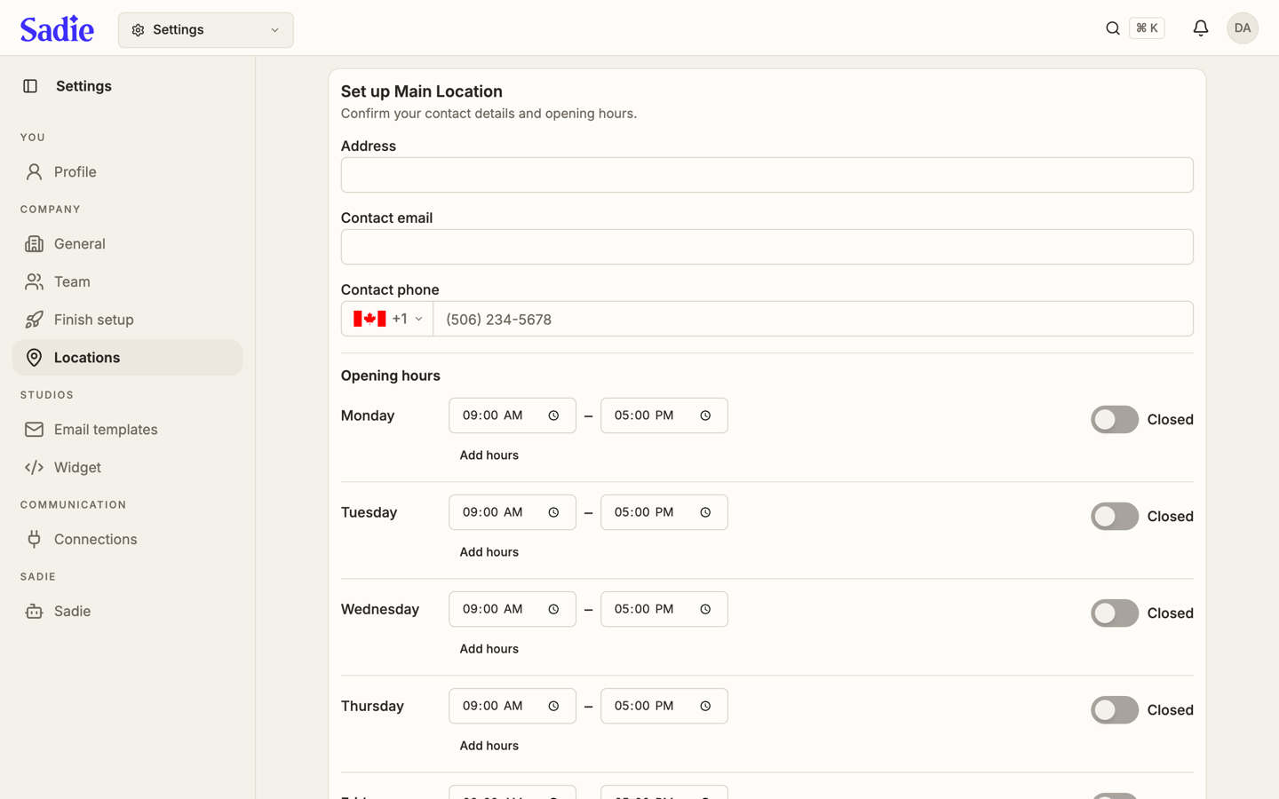 The location setup card, showing Address, Contact email and Contact phone fields, and the Opening hours list starting with Monday