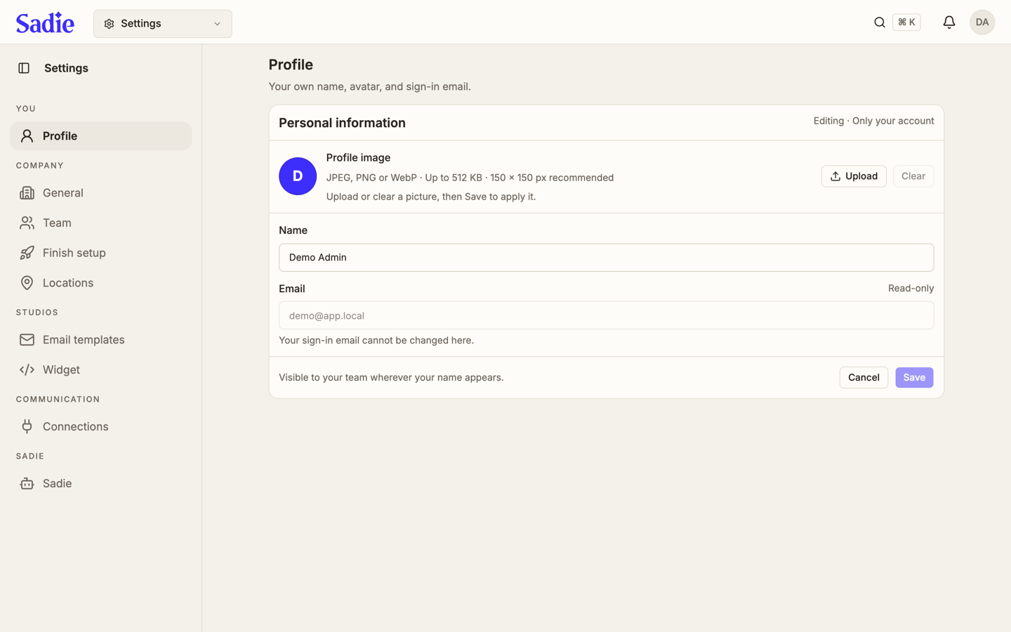 The Profile settings page, with the personal information card showing a name field, a read-only email field, and Upload and Clear buttons for the profile picture