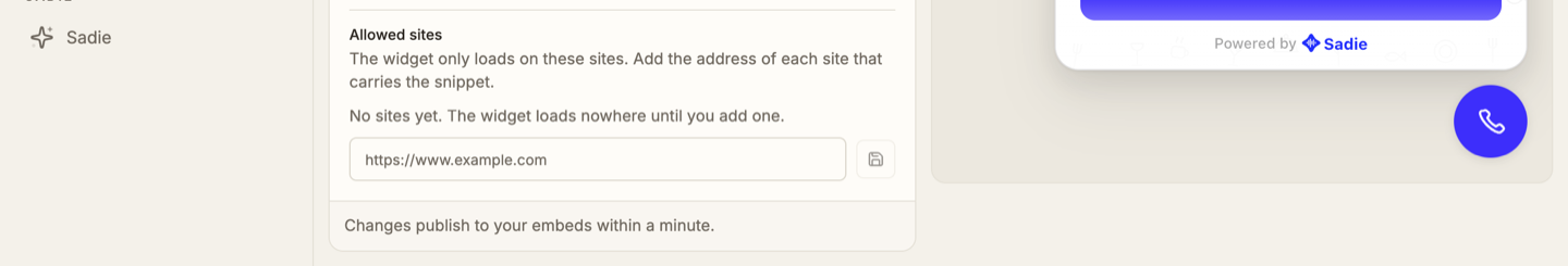 The Allowed sites section, empty, reading No sites yet
