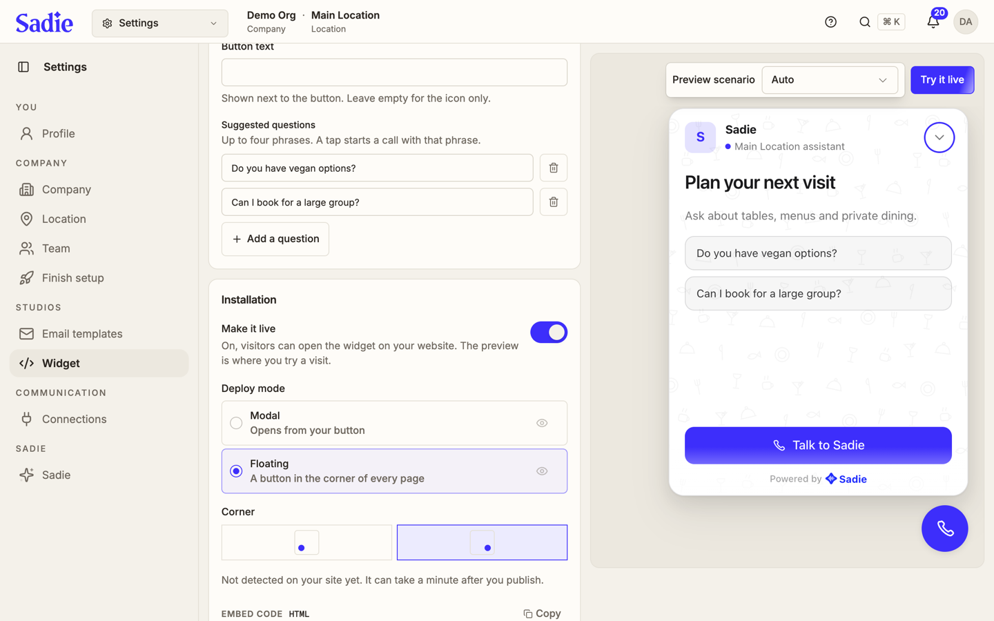 The Installation card with Make it live on, Deploy mode set to Floating, and a Corner picker