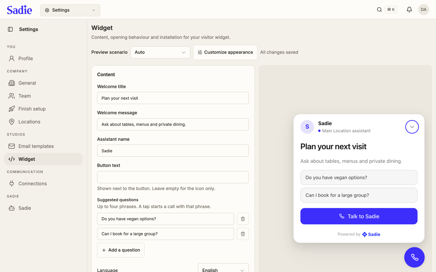 The Widget settings page, with the Content card on the left showing Welcome title, Welcome message, Assistant name, Button text and Suggested questions, and a live preview of the widget on the right